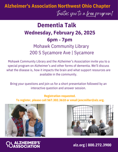 White flyer with description of dementia talk date, time and objectives