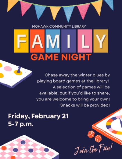 Blue flyer with pictures of board games and description of game night event