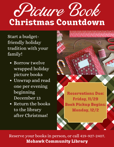 Green flyer describing Picture Book Christmas Countdown