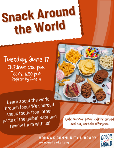 Orange flyer describing international snack tasting program