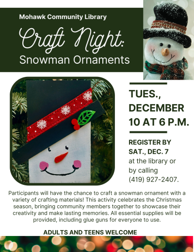 Green and white flyer with picture of snowman ornament craft