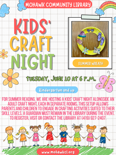 White and pink flyer about kids' craft, a summer wreath