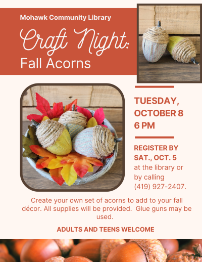 Craft Night: Fall Acorns, poster with event description and registration information