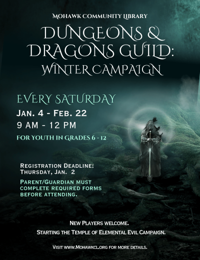 Black flyer describing how to join the Dungeons and Dragons Winter Campaign