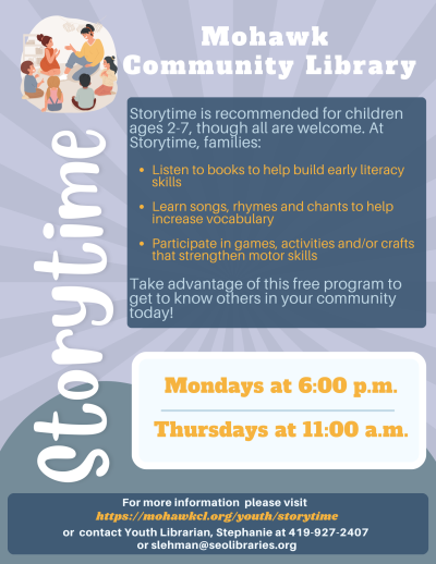 Storytime poster with event description and contact information