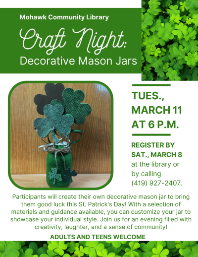 White and green poster with picture of mason jar decorated with shamrocks